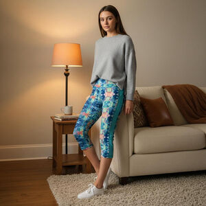 Women's Pink Lotus Teal Pink Geometric Capri Leggings Size M